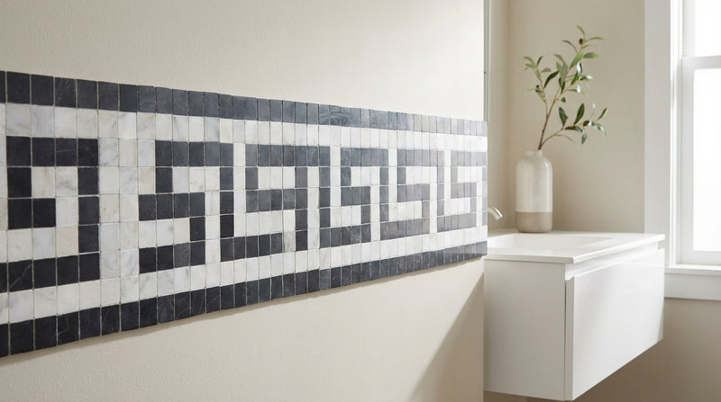 Carrara White (Italian) Carrara White Marble 3-1/2x7 Polished / Honed Tile Greek Key Border (w/ Black)