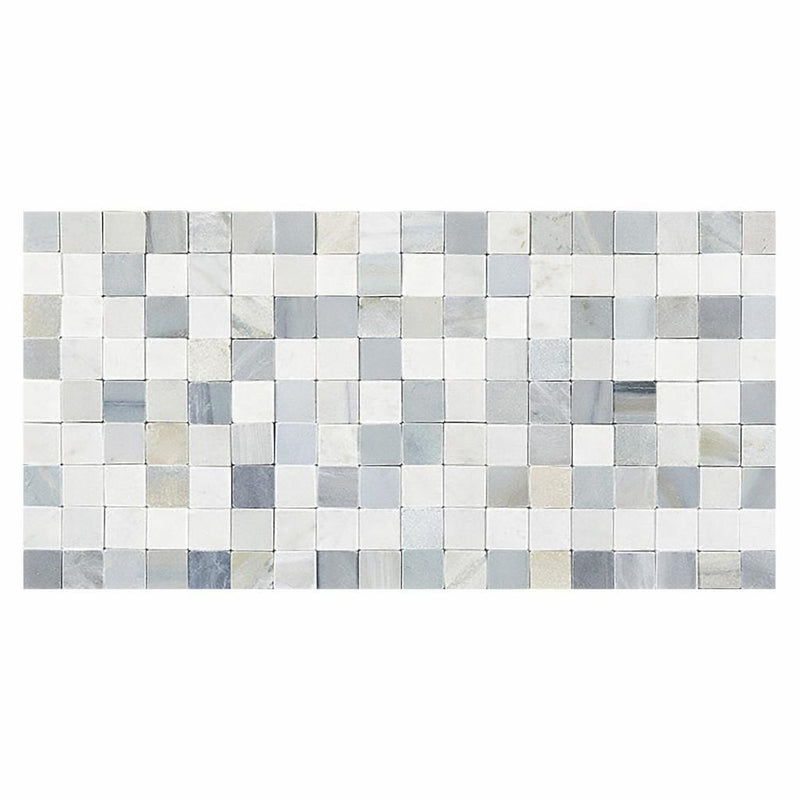Carrara White (Italian) Carrara White Marble 3-1/2x7 Polished / Honed Tile Greek Key Border (w/ Blue-Gray)