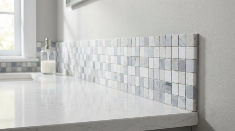 Carrara White (Italian) Carrara White Marble 3-1/2x7 Polished / Honed Tile Greek Key Border (w/ Blue-Gray)
