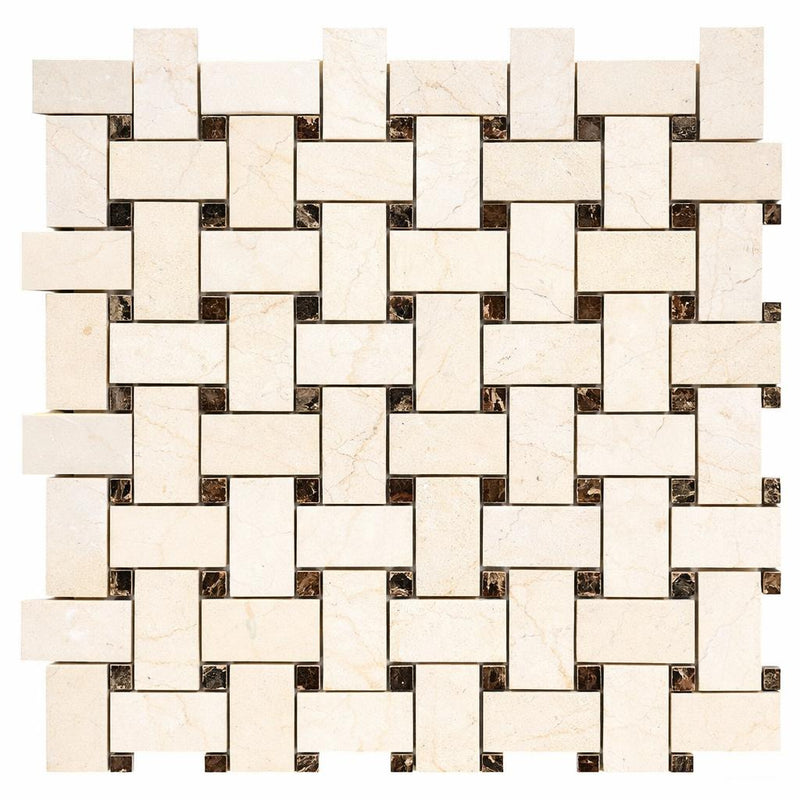 Crema Marfil (Spanish) Marble Cream Honed Basketweave Mosaic w/ Emp. Dark Dots