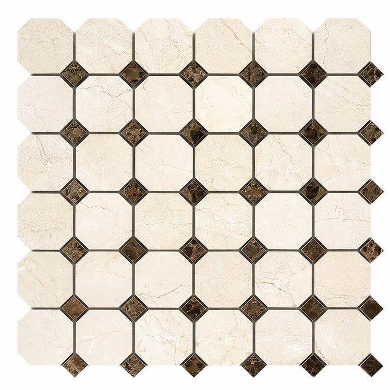 Crema Marfil (Spanish) Marble Cream Honed Octagon Mosaic w/ Emp. Dark Dots