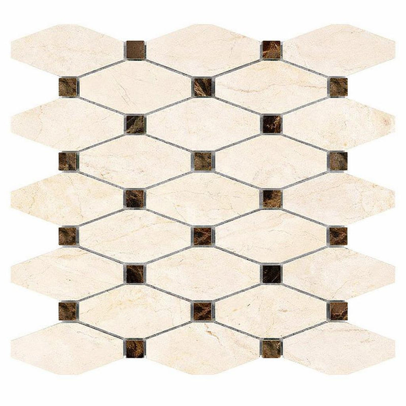 Crema Marfil (Spanish) Marble Cream Honed Octave Mosaic Octave (Long Octagon) Mosaic w/ Emp. Dark Dots