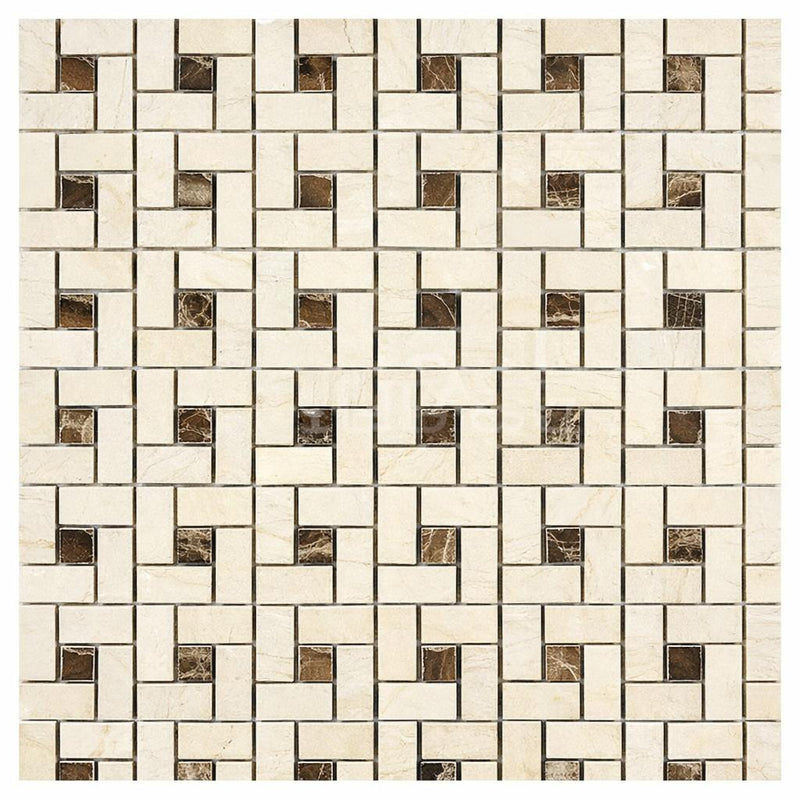 Crema Marfil (Spanish) Marble Cream Honed Pinwheel Mosaic Pinwheel (Mini) Mosaic w/ Emp. Dark Dots