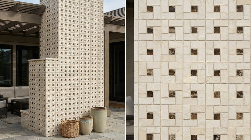Crema Marfil (Spanish) Marble Cream Honed Pinwheel Mosaic Pinwheel (Mini) Mosaic w/ Emp. Dark Dots