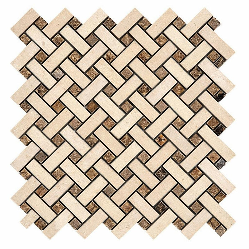 Crema Marfil (Spanish) Marble Cream Honed Stanza Mosaic w/ Emp. Dark Dots