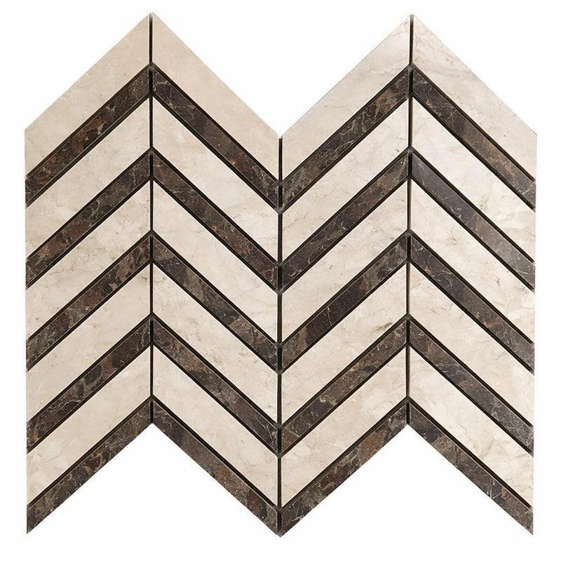 Crema Marfil (Spanish) Marble Cream Honed Chevron Mosaic Chevron (LARGE) (w/ Emp. Dark)
