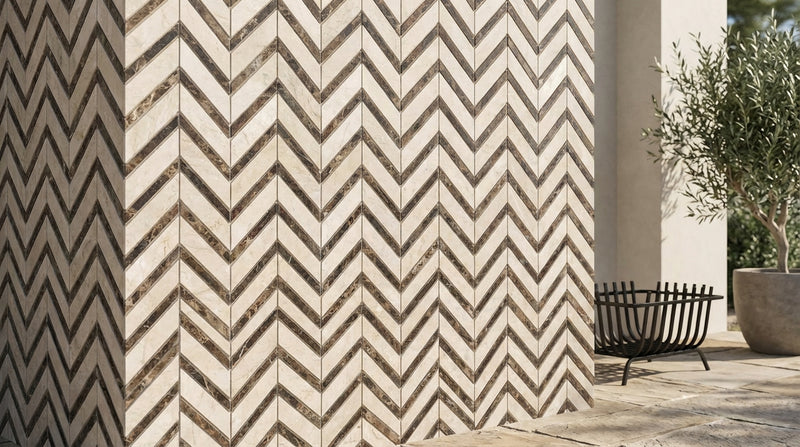 Crema Marfil (Spanish) Marble Cream Honed Chevron Mosaic Chevron (LARGE) (w/ Emp. Dark)