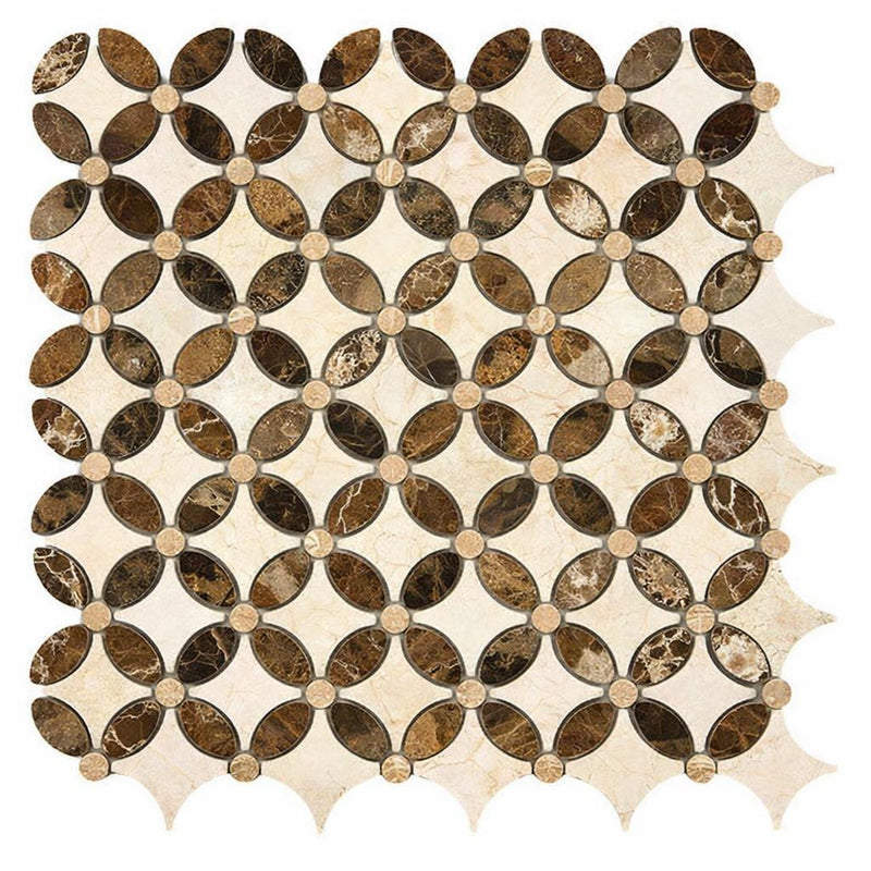 Crema Marfil (Spanish) Marble Cream Honed Florida Flower Mosaic (Crema Marfil + Emp. Light (Oval) + Emp. Dark (Dots))