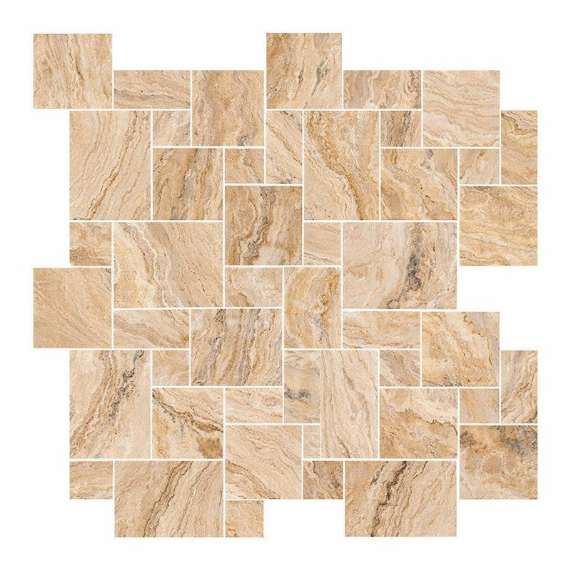 Valencia Travertine Tumbled Travertine Mosaic Micro-Pattern (Mini-Versailles)