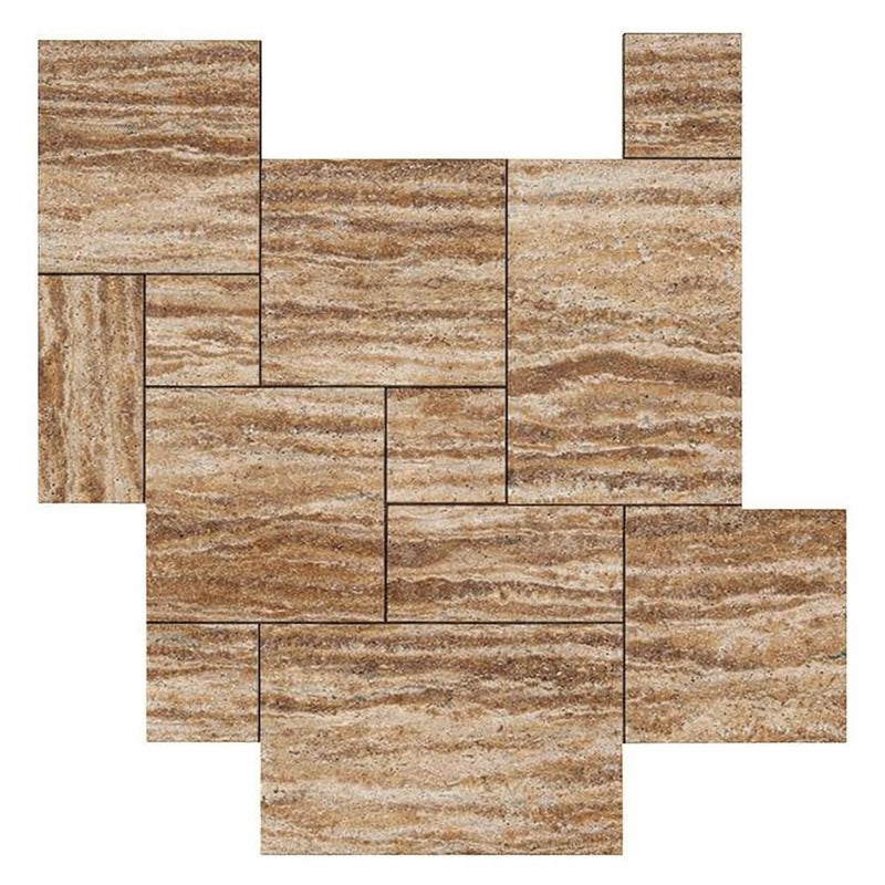 Noce Exotic (Vein-Cut) Travertine Versailles Pattern Unfilled, Brushed & St.Edged Travertine Tile