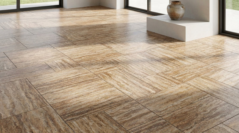 Noce Exotic (Vein-Cut) Travertine Versailles Pattern Unfilled, Brushed & St.Edged Travertine Tile