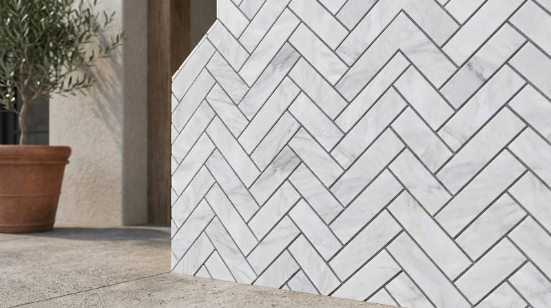 Oriental White (Asian Statuary) Marble 1x4 Honed Herringbone Mosaic