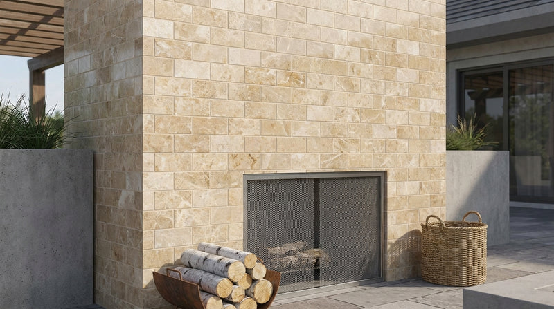 Cappuccino Marble 2x4 Polished Brick Joint Mosaic Deep-Beveled Brick Mosaic