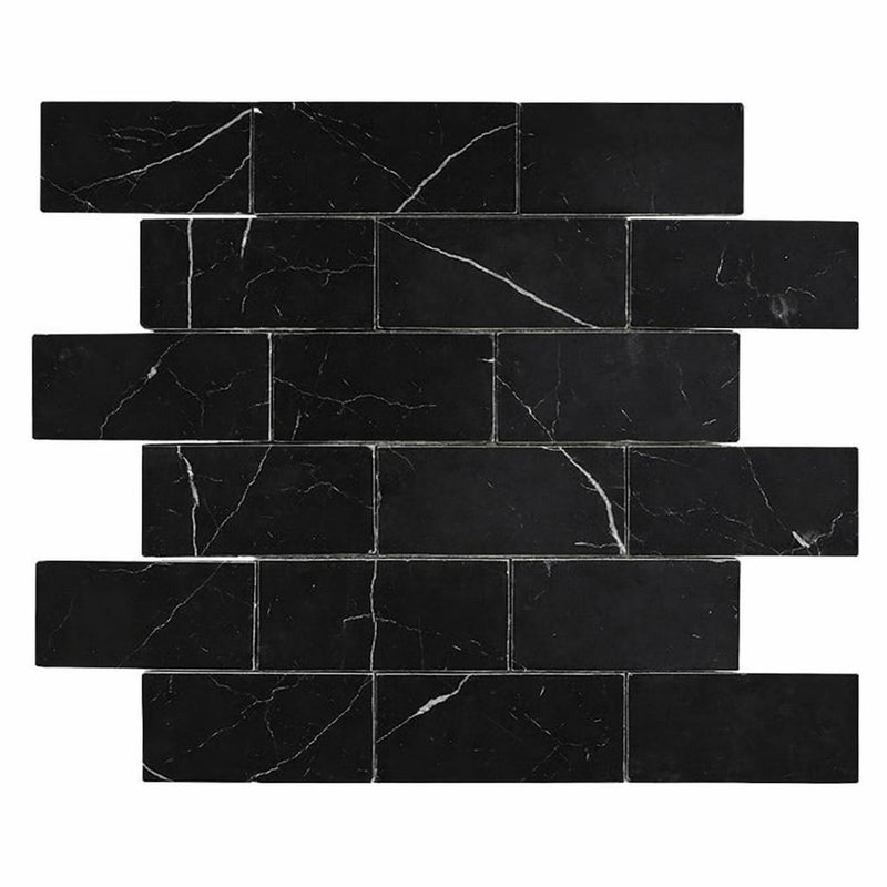 Nero Marquina (Black) Marble 2x4 Honed Brick Joint Mosaic Straight-Edged Brick Mosaic