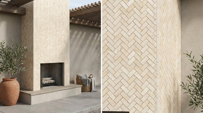 Crema Marfil (Spanish) Marble 5/8x1 1/4 Cream Honed Herringbone Mosaic Herringbone (Mini) Mosaic