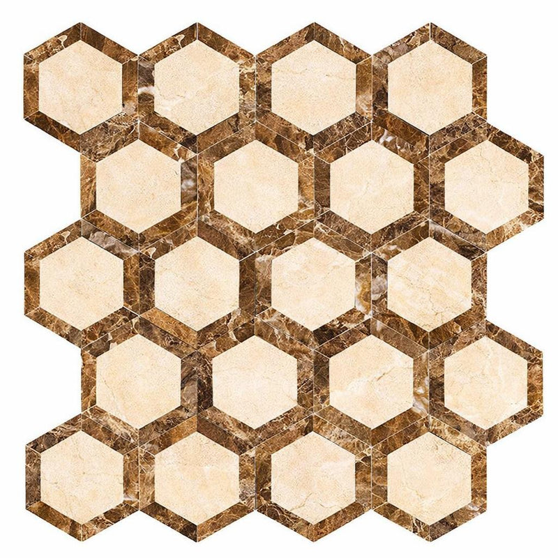 Crema Marfil (Spanish) Marble 2x2 Cream Polished Hexagon Mosaic Vortex Hexagon (w/ Emperador Dark)
