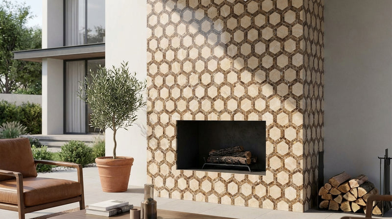 Crema Marfil (Spanish) Marble 2x2 Cream Polished Hexagon Mosaic Vortex Hexagon (w/ Emperador Dark)