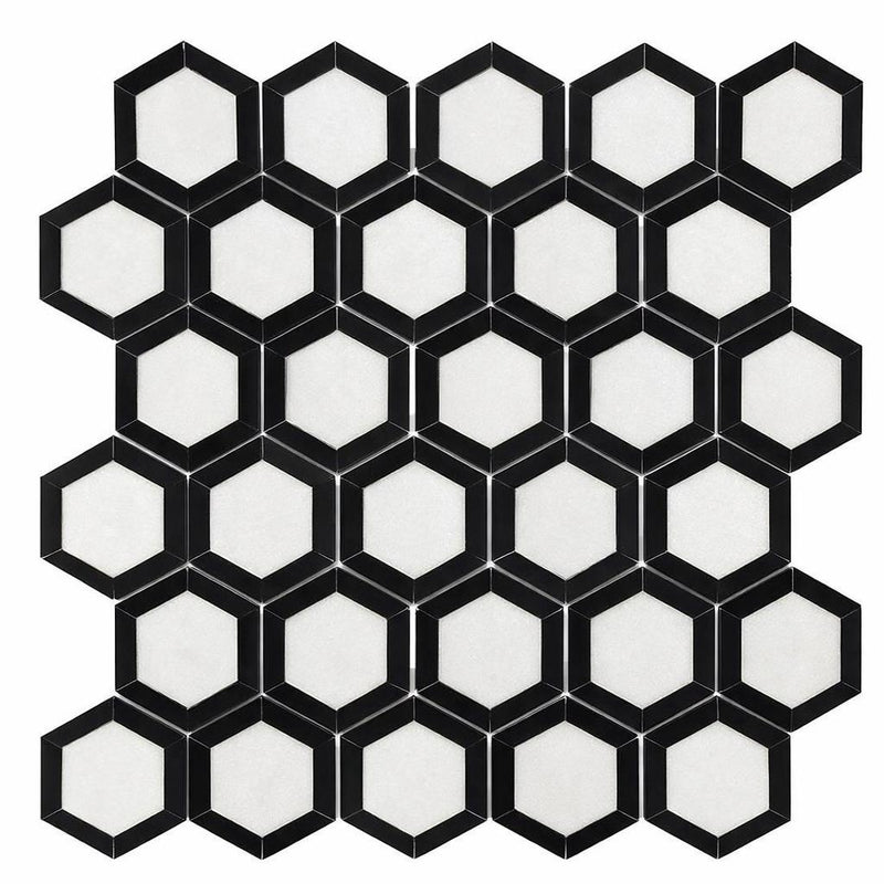 Thassos White (Greek) Marble 2x2 Honed Hexagon Mosaic Vortex Hexagon (w/ Black)