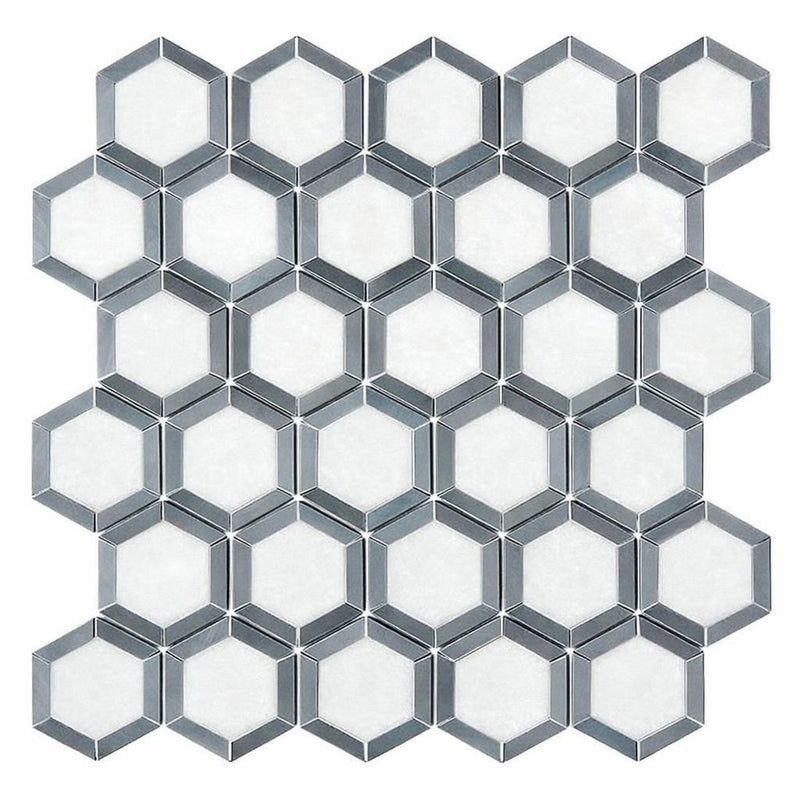 Thassos White (Greek) Marble 2x2 Honed Hexagon Mosaic Vortex Hexagon (w/ Blue-Gray)