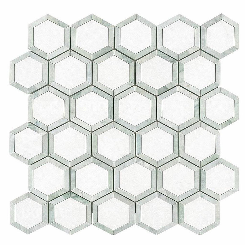 Thassos White (Greek) Marble 2x2 Honed Hexagon Mosaic Vortex Hexagon (w/ Ming Green)