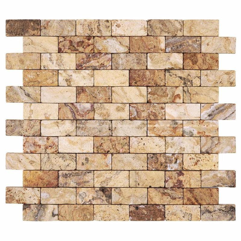 Scabos Travertine 1x2 CNC-Arched & Tumbled (Round-face / Wavy) Travertine Brick Joint Mosaic Brick Mosaic