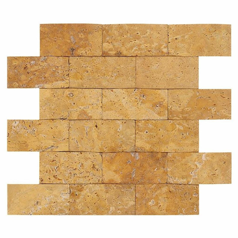 Gold / Yellow Gold Travertine 2x4 CNC-Arched (Round-face / Wavy) Travertine Brick Joint Mosaic Brick Mosaic