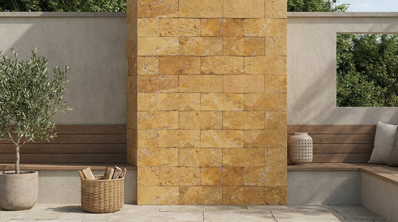 Gold / Yellow Gold Travertine 2x4 CNC-Arched (Round-face / Wavy) Travertine Brick Joint Mosaic Brick Mosaic