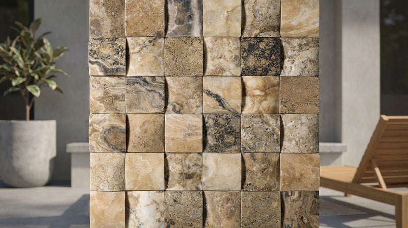 Antico Onyx 2x2 Round-Faced (CNC-Arched / Wavy) Travertine Mosaic