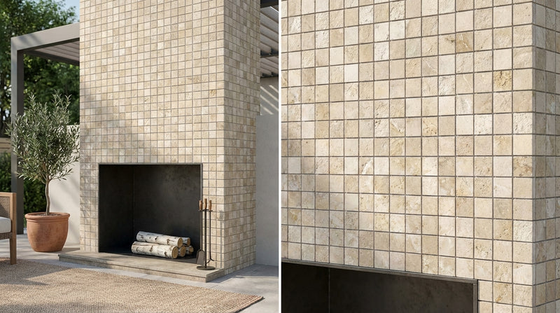 Ivory / Light Ivory Travertine 1x1 Cream Split-faced (Hi-Low) Mosaic