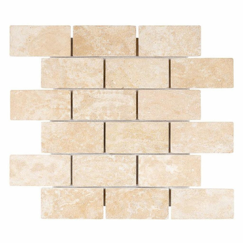 Durango / Paredon (Mexican) - Cross Cut Durango Travertine 2x4 Tumbled Travertine Brick Joint Mosaic Brick Mosaic