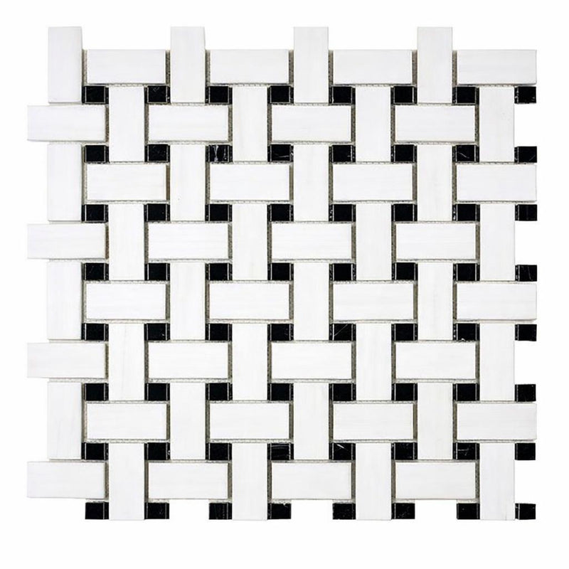 Bianco Dolomiti (White Dolomite) Honed Basketweave Mosaic w/ Black