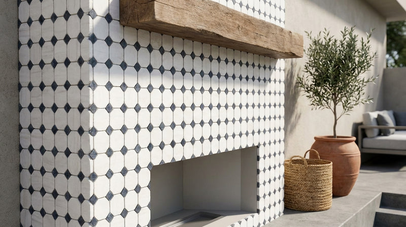 Bianco Dolomiti (White Dolomite) Honed Basketweave Mosaic w/ Blue-Gray