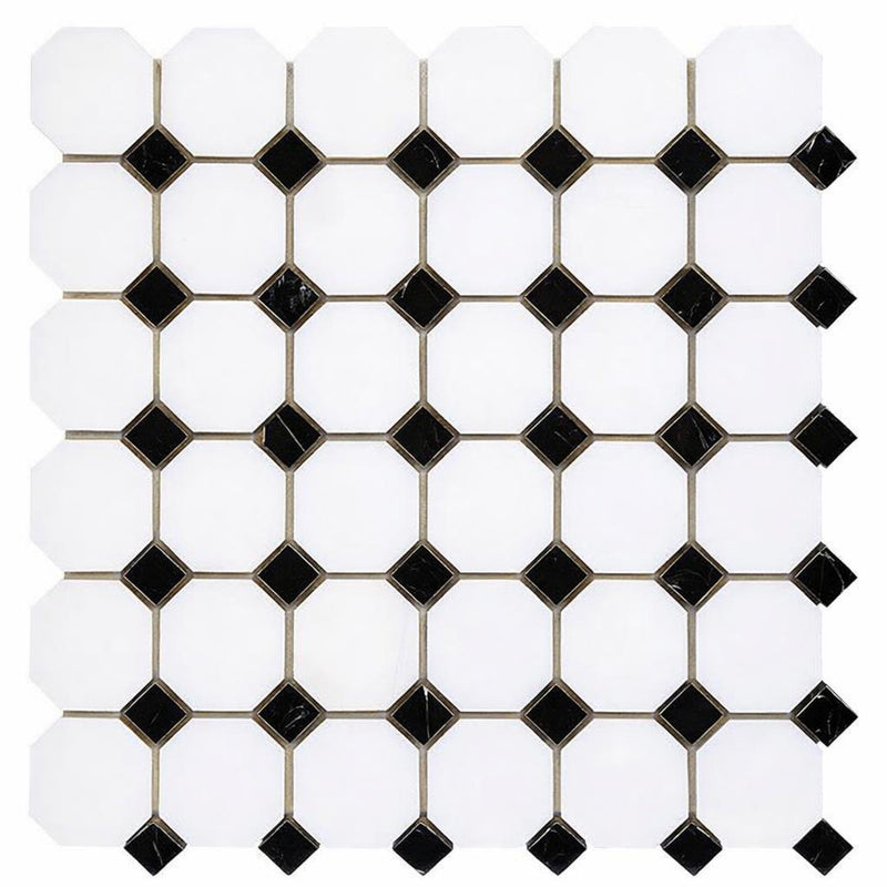 Bianco Dolomiti (White Dolomite) Honed Octagon Mosaic w/ Black