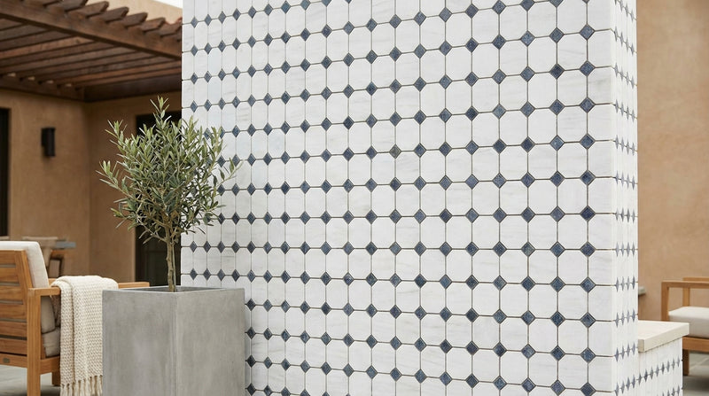 Bianco Dolomiti (White Dolomite) Honed Octagon Mosaic w/ Blue-Gray