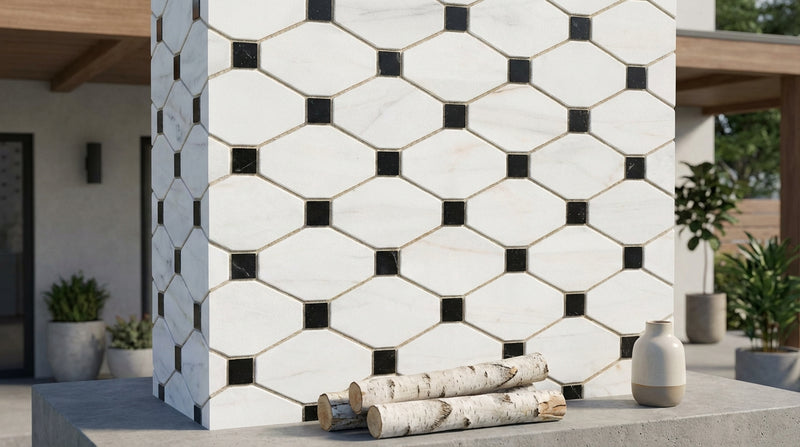 Bianco Dolomiti (White Dolomite) Honed Octave Mosaic Octave (Long Octagon) Mosaic w/ Black