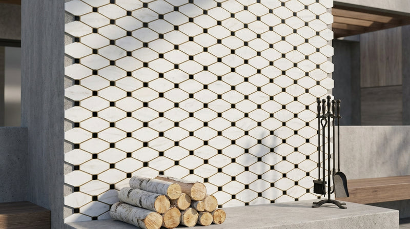 Bianco Dolomiti (White Dolomite) Honed Octave Mosaic Octave (Long Octagon) Mosaic w/ Blue-Gray