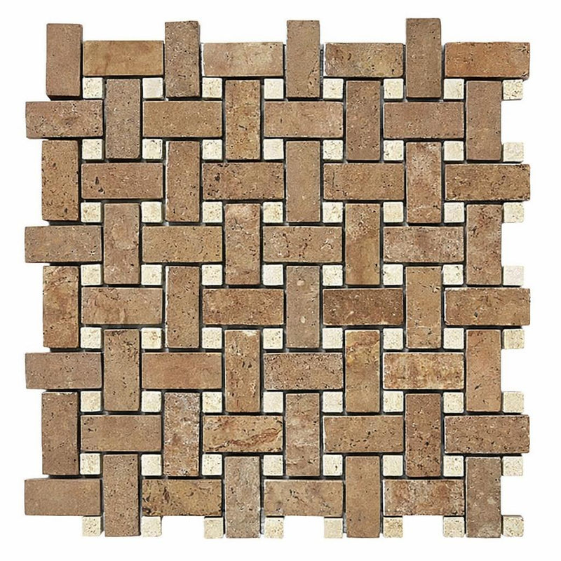 Noce (Antalya) Travertine Tumbled Travertine Basketweave Mosaic w/ Ivory Dots