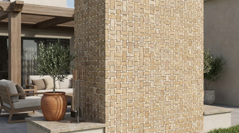 Noce (Antalya) Travertine Tumbled Travertine Basketweave Mosaic w/ Ivory Dots