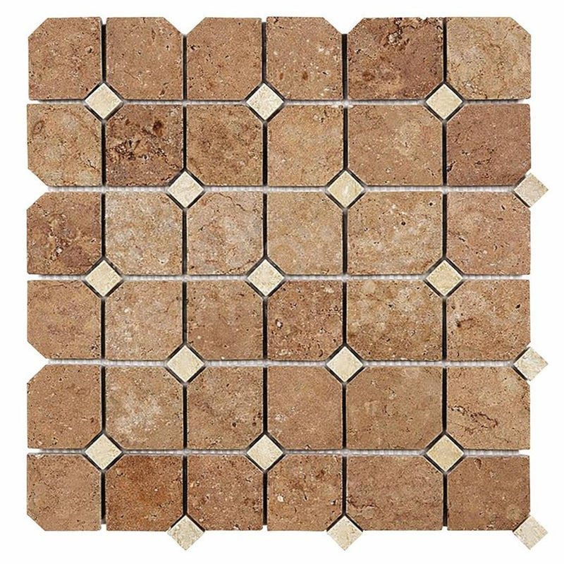 Noce (Antalya) Travertine Tumbled Travertine Octagon Mosaic w/ Ivory Dots