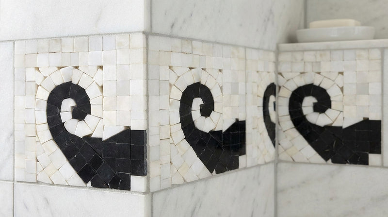Oriental White (Asian Statuary) Oriental White Marble Polished / Honed Tile Wave Border CORNER (Black)