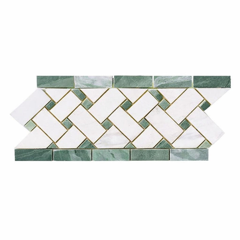 Thassos White (Greek) Thassos White Marble 4-3/4x12 Polished / Honed Tile Basketweave Border (w/ Ming Green)