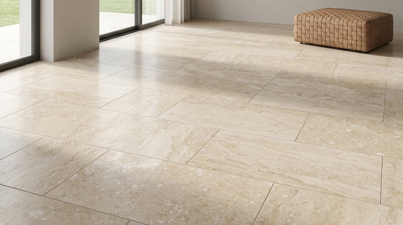 Ivory / Light Travertine 12x24 Cream Filled & Polished Tile