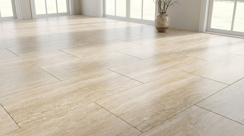 Ivory / Light Travertine 12x24 Cream Filled & Polished Tile