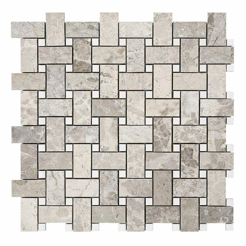 Atlantic Gray Marble Polished/Honed Basketweave Mosaic w/ White Dots