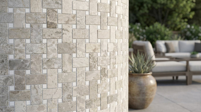 Atlantic Gray Marble Polished/Honed Basketweave Mosaic w/ White Dots