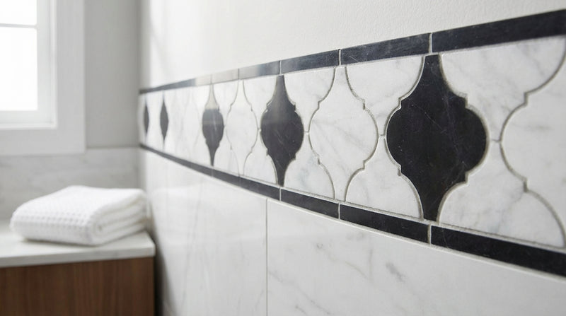 Carrara White (Italian) Marble 3-7/8x11 5/8 Honed Tile Lantern (Luxury) Border (Carrara w/ Black) Lantern Border