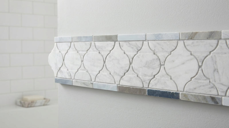 Carrara White (Italian) Marble 3-7/8x11 5/8 Honed Tile Lantern (Luxury) Border (Carrara w/ Blue-Gray) Lantern Border