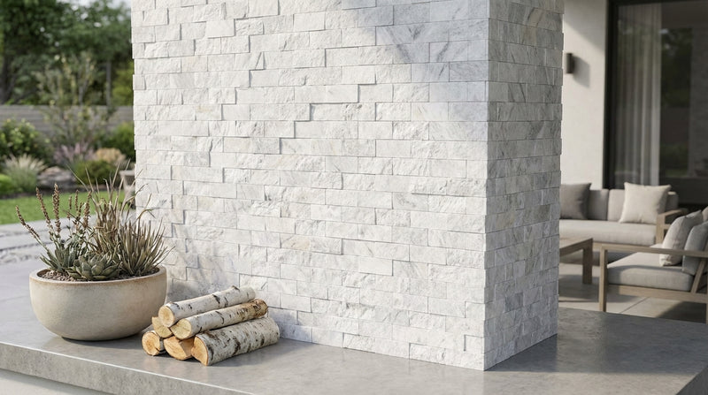 Oriental White (Asian Statuary) Marble 2x4 Split-faced Brick Joint Mosaic Brick Mosaic