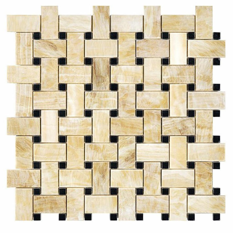 Honey (Giallo Crystal) Onyx Polished Basketweave Mosaic (w/ Black)
