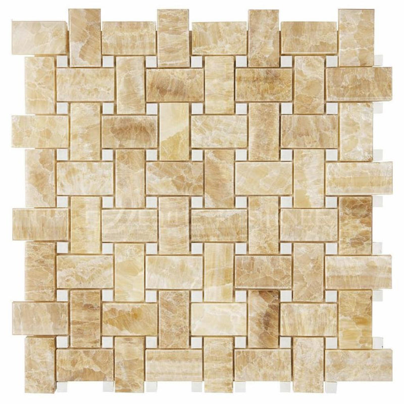 Honey (Giallo Crystal) Onyx Polished Basketweave Mosaic (w/ White)